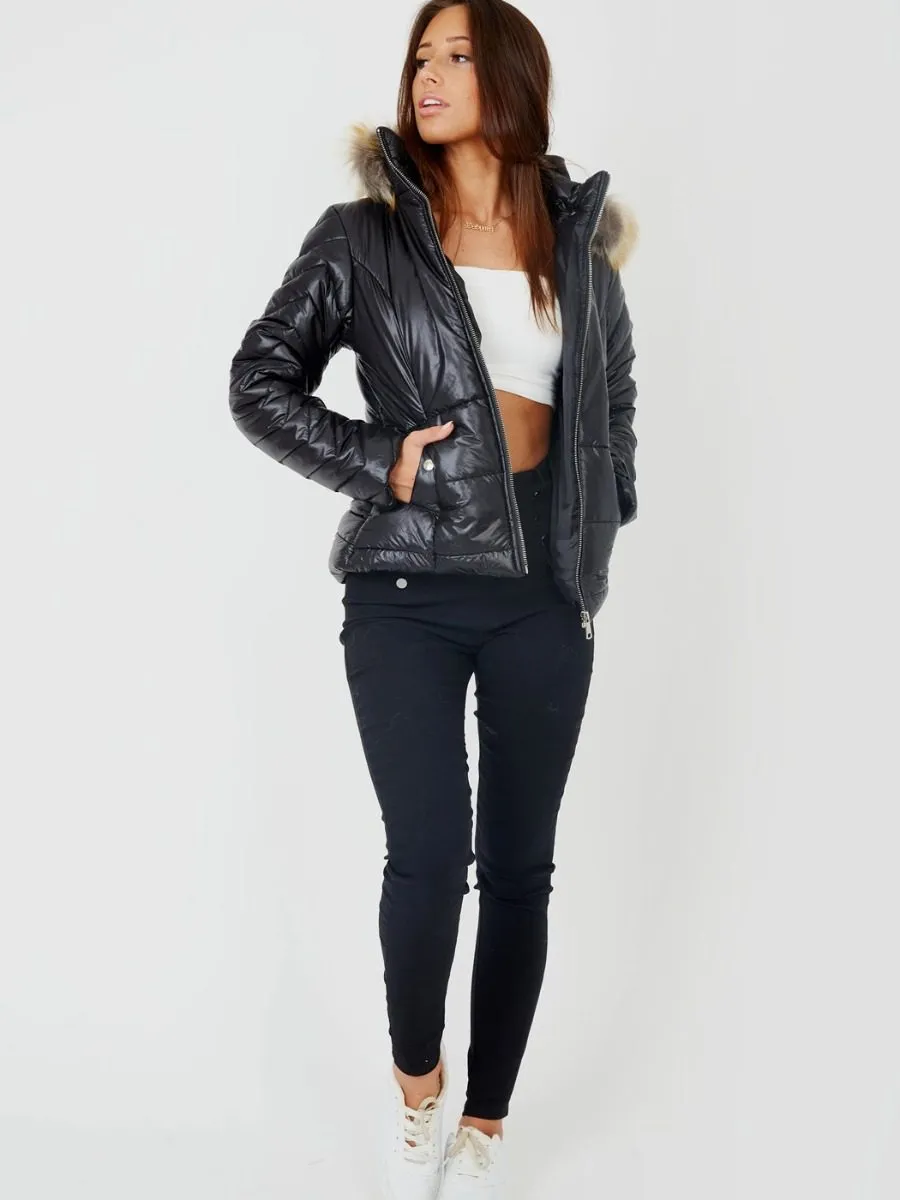 Bianca Padded Faux Fur Hooded Jacket In Black