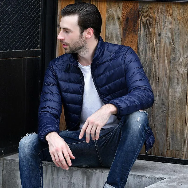 Men Red Maroon Rib Quilted Down Jacket
