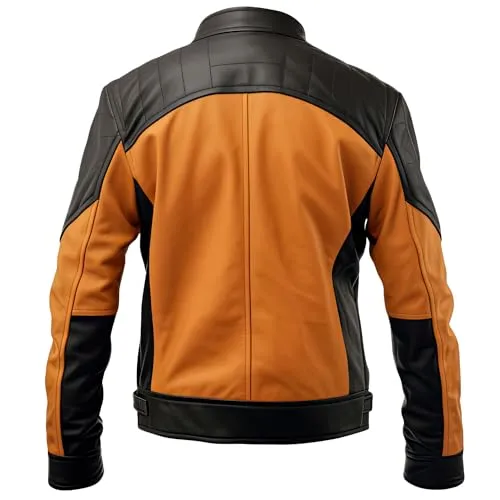 Mens Peanut Brown Black Genuine Sheepskin Stand Collar Warm Quilted Zipup Racing Stylish Moto Leather Jacket