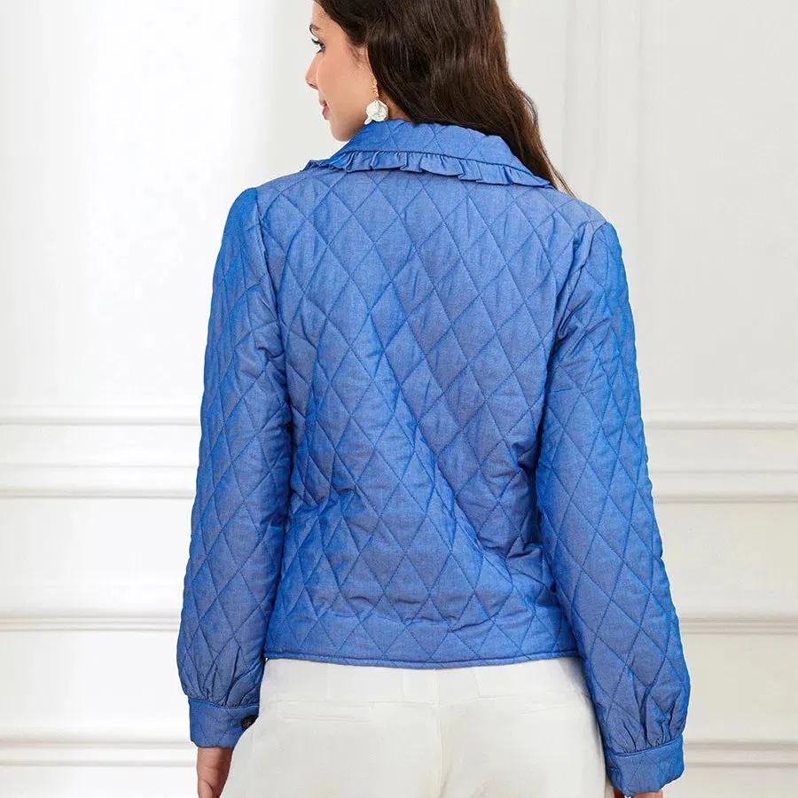 Women Lightweight Quilted Coat Winter Warm Cotton Jacket Rhombus Ruffled Doll Collar