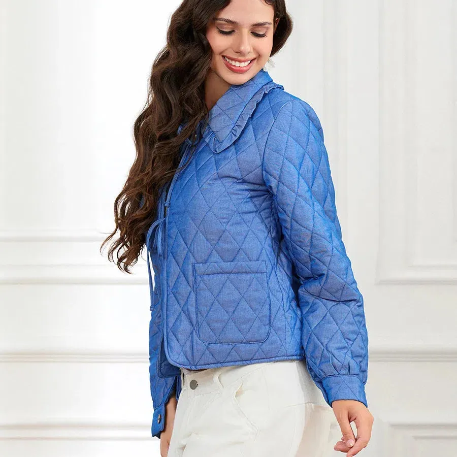 Women Lightweight Quilted Coat Winter Warm Cotton Jacket Rhombus Ruffled Doll Collar