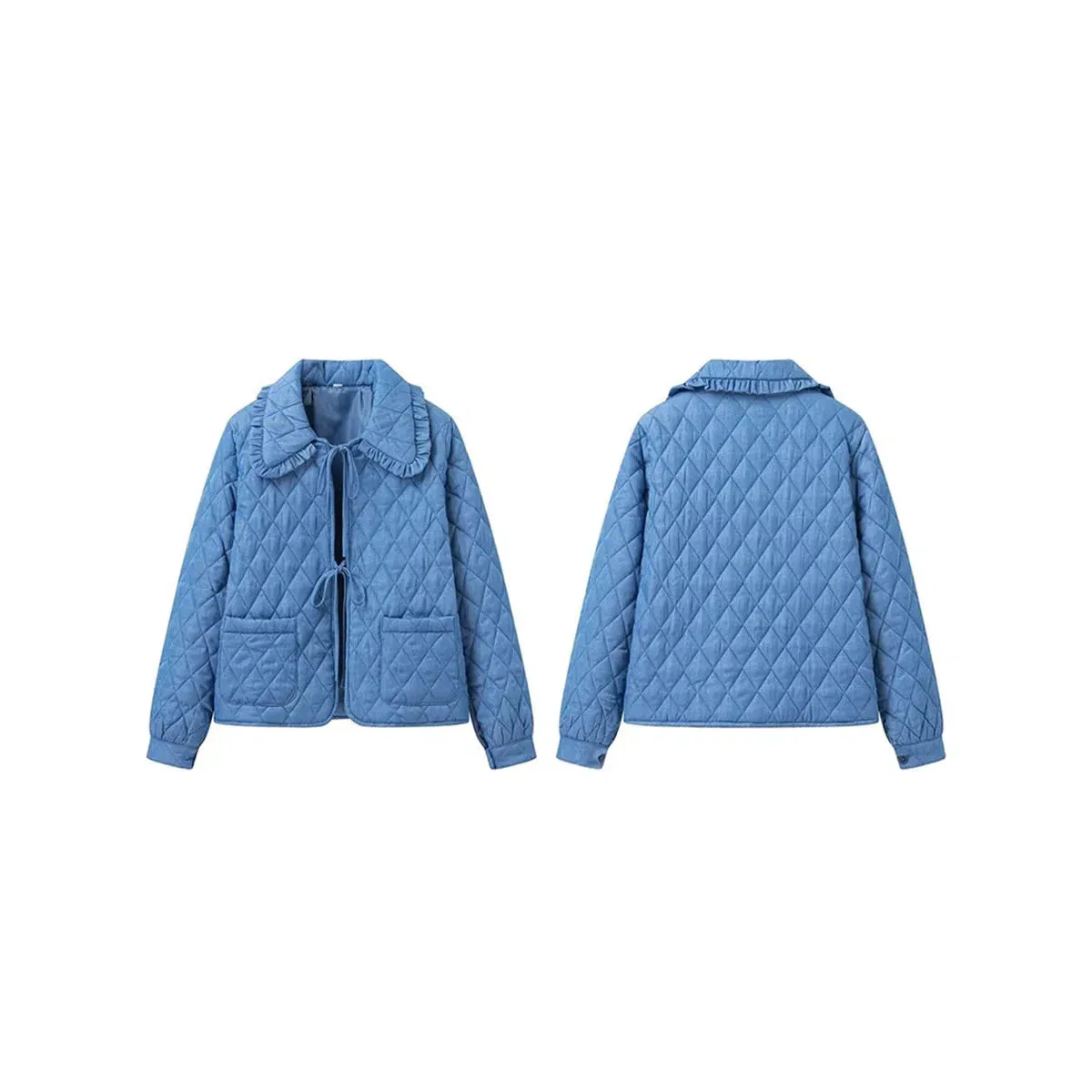 Women Lightweight Quilted Coat Winter Warm Cotton Jacket Rhombus Ruffled Doll Collar