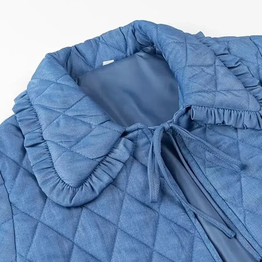 Women Lightweight Quilted Coat Winter Warm Cotton Jacket Rhombus Ruffled Doll Collar