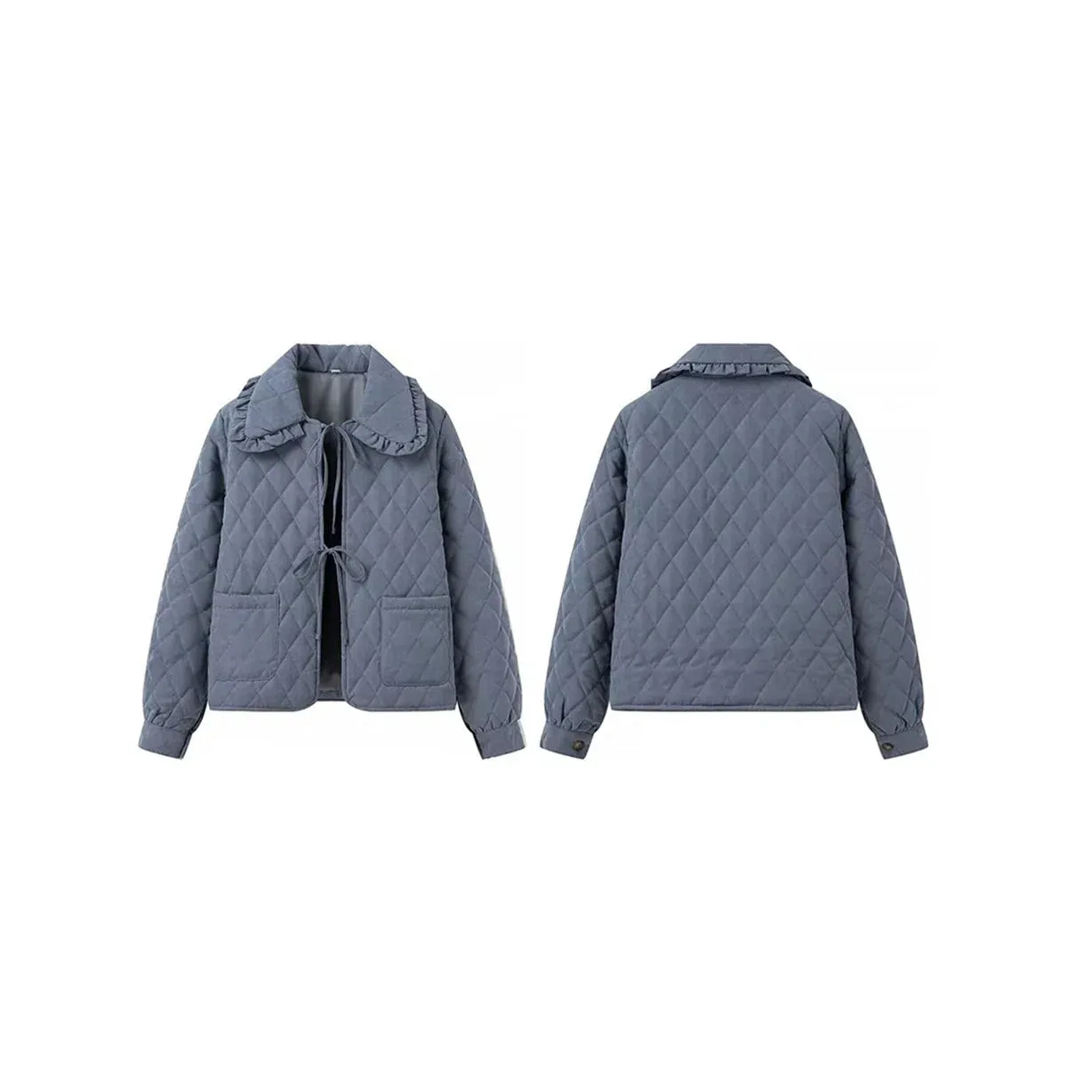 Women Lightweight Quilted Coat Winter Warm Cotton Jacket Rhombus Ruffled Doll Collar
