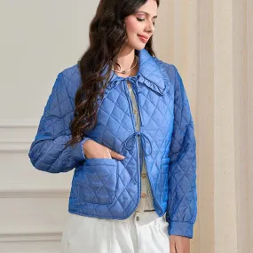 Women Lightweight Quilted Coat Winter Warm Cotton Jacket Rhombus Ruffled Doll Collar